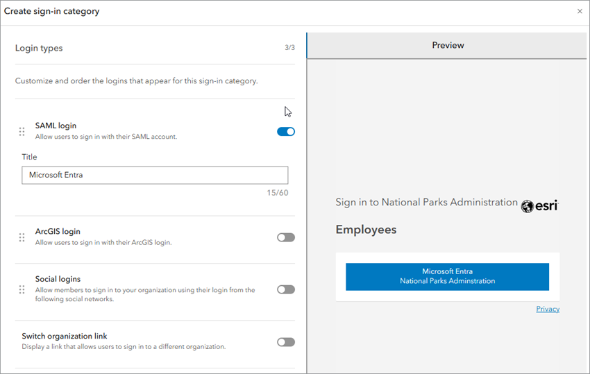 Create sign-in category page with SAML login toggle button turned on and Title field filled in