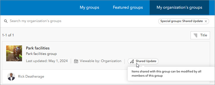 My organization's groups tab on Groups page showing a group with the Shared Update badge
