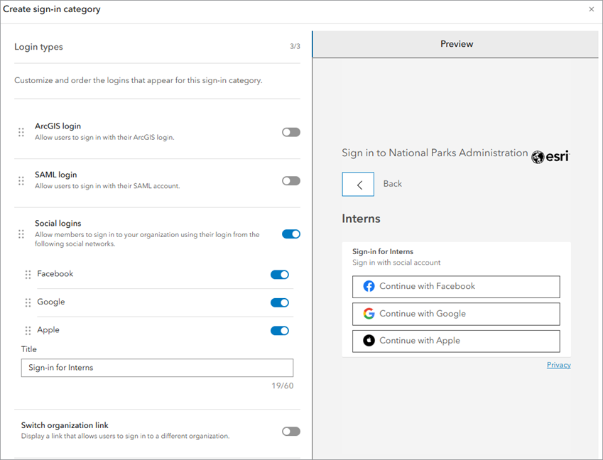 Create sign-in category with Social logins toggle buttons turned on and title field filled out for Interns category