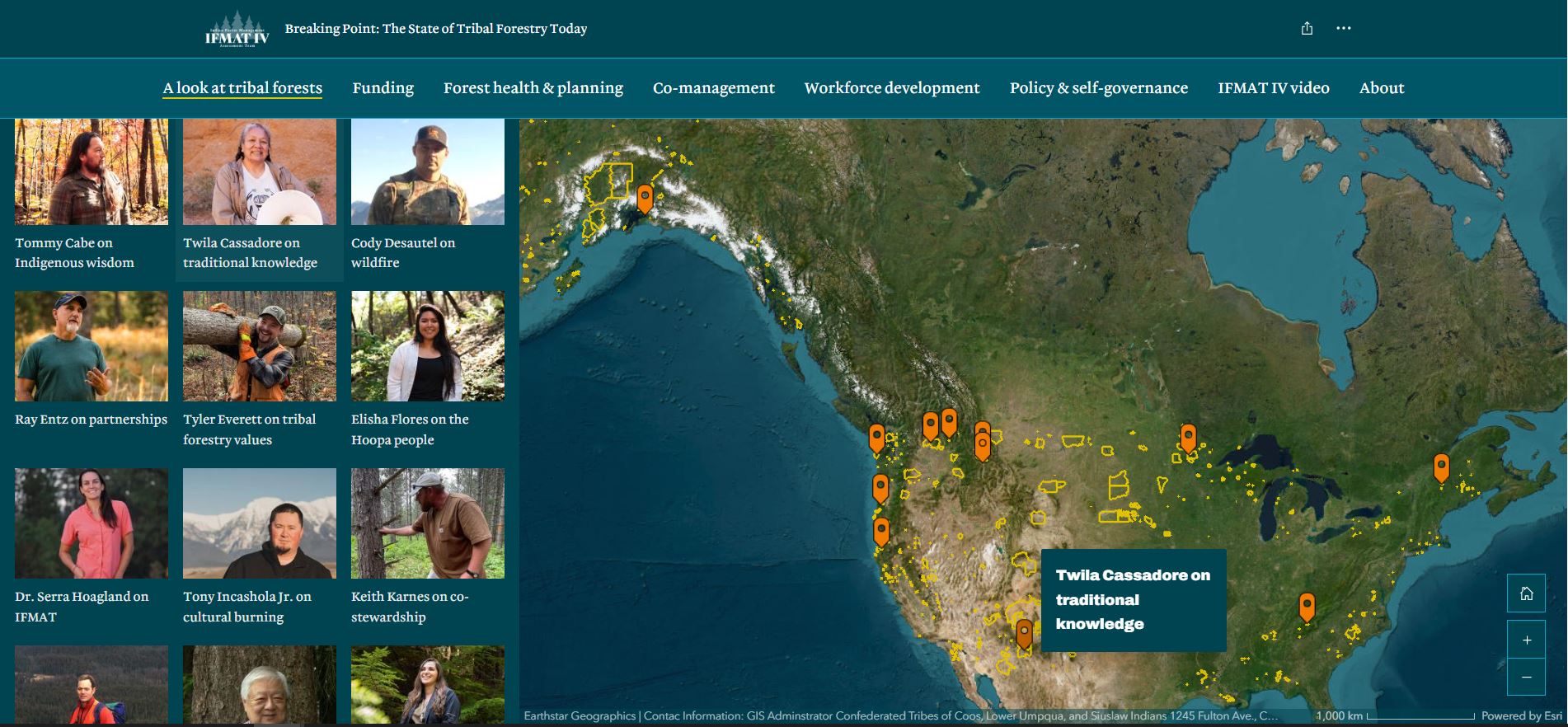 A screen shot of an ArcGIS StoryMaps map tour of Tribal forest lands and people.