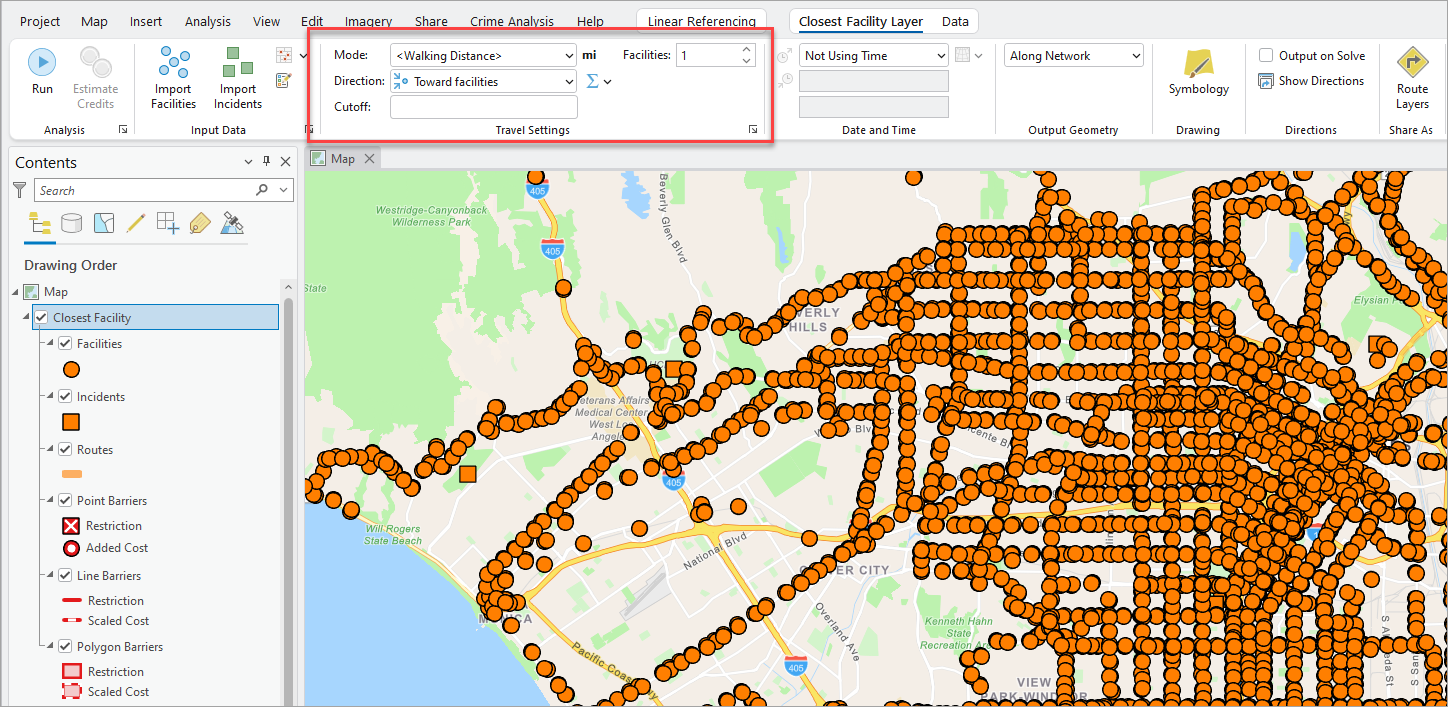 Closest facility model setup.