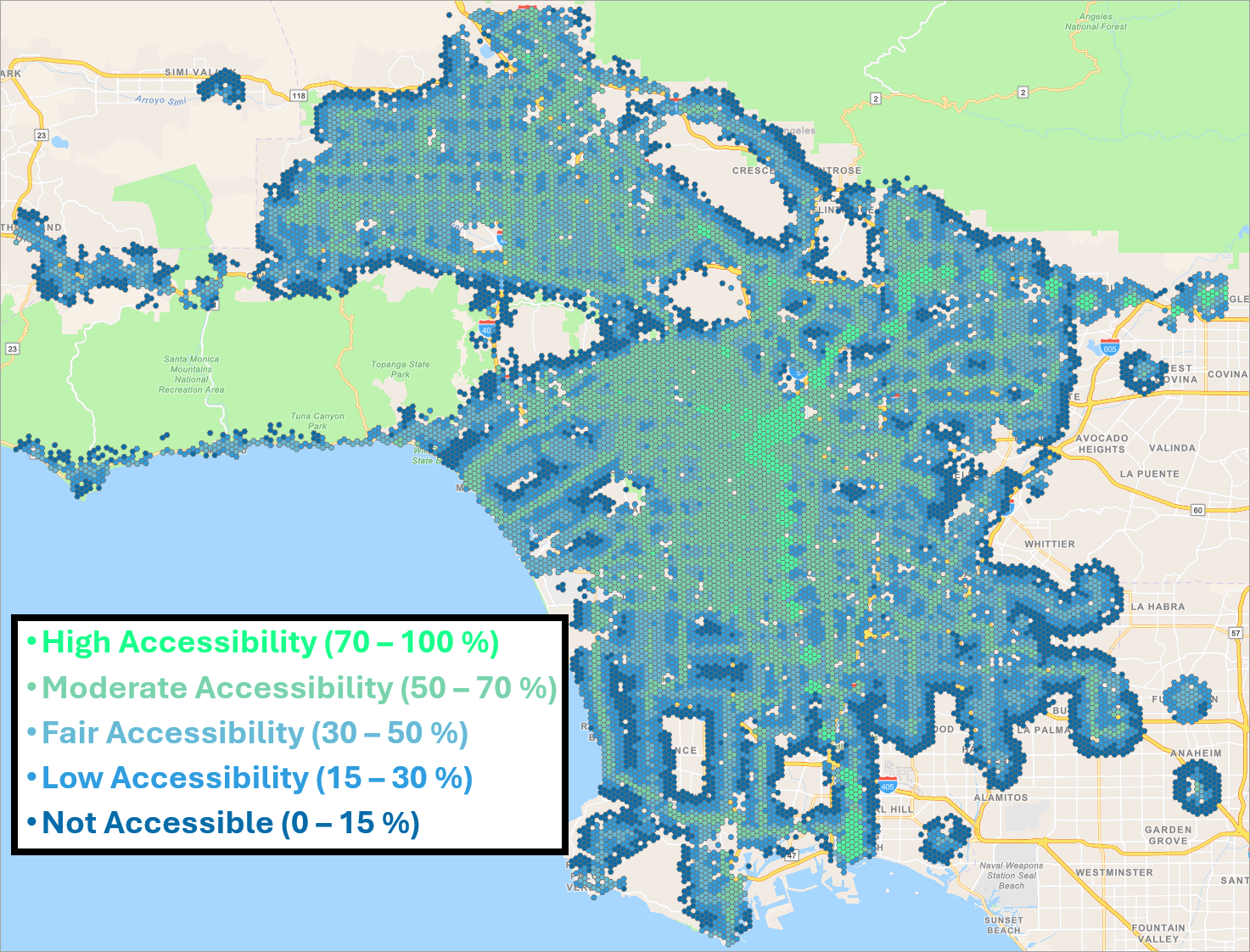 Transit accessibility scores across LA Metro region.