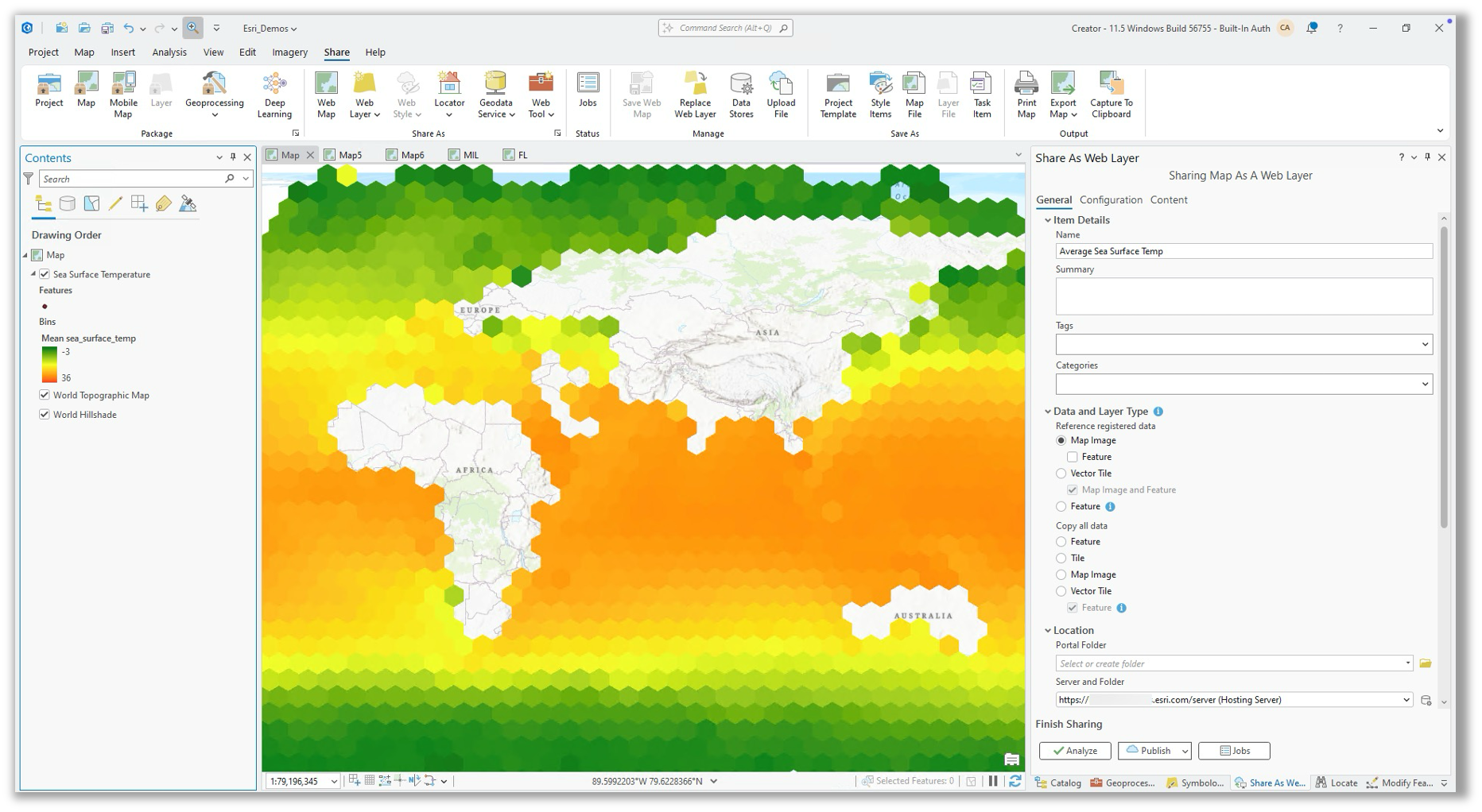 Screenshot of ArcGIS Pro showing the Share As Web Layer pane, with a world map displaying sea surface temperature data in a hexagon grid overlay.