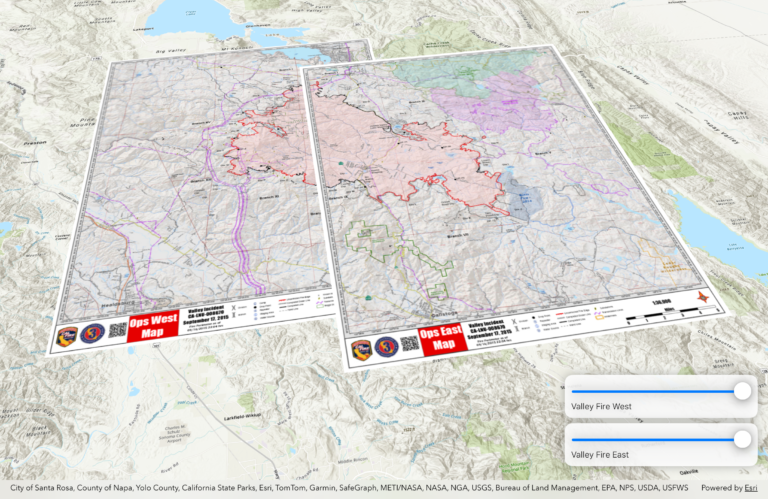 Two geospatial PDFs of the valley fire incident, overlaid in 3D over a topographic map.