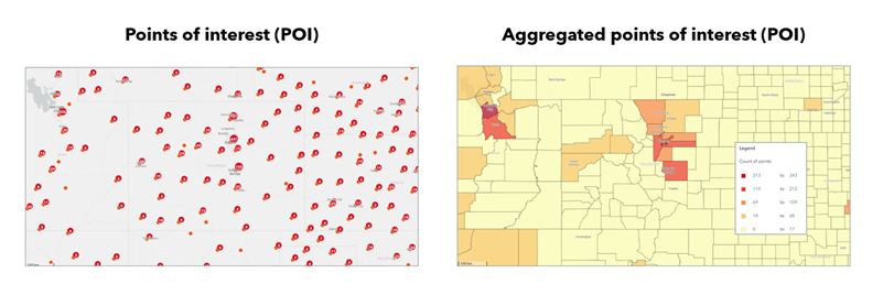 Compare a map of points of interest to aggregated points of interest.