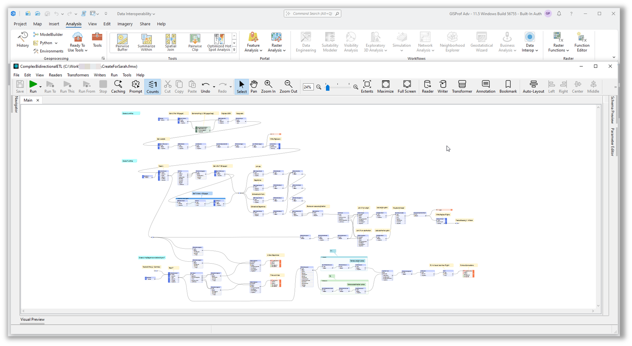 FME Workbench shows a complex workflow diagram. Lines connect various boxes and processes, visualizing a data transformation or integration project.