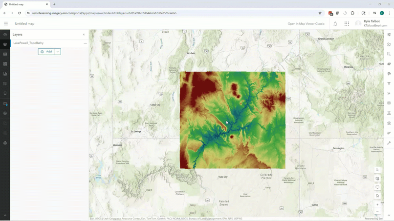 GIF exploring a Lake Powell TopoBathy map showing processing templates like contour (100) and hillshade.