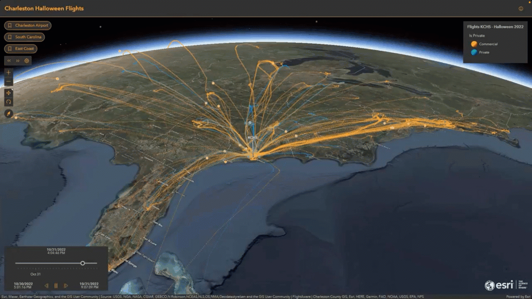Aerial view of flight routes from Charleston on Halloween.