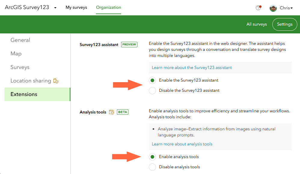 Enable AI features in Survey123 Organization Settings