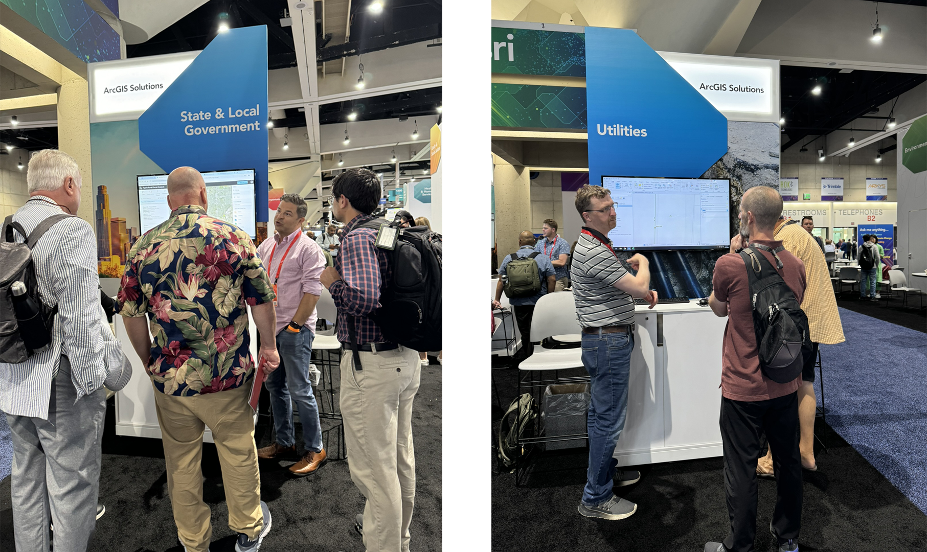 Two images of the ArcGIS Solutions booth at a conference, with attendees discussing solutions for State & Local Government and Utilities. The left image shows people interacting with a display in the State & Local Government area of the ArcGIS Solutions booth. The right image shows a similar scene in the Utilities area of the same booth.