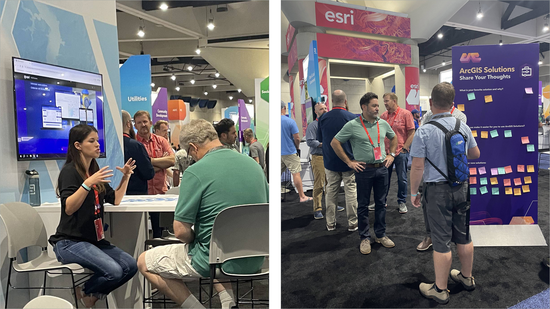Photo collage from an Esri conference. Left panel: Esri employee demonstrates mapping software. Left panel: A woman is seated at a table within an Esri conference booth, actively gesturing as she speaks. A large monitor showcasing mapping software is behind her. Attendees are gathered, engaged with the discussion. Booth signage is visible for "Utilities," "Community Development," and "AEC." Right panel: A group of people stand around a large purple board at an Esri booth. The board is titled “ArcGIS Solutions Share Your Thoughts” and has sticky notes attached with suggestions. The Esri logo is visible in the background.
