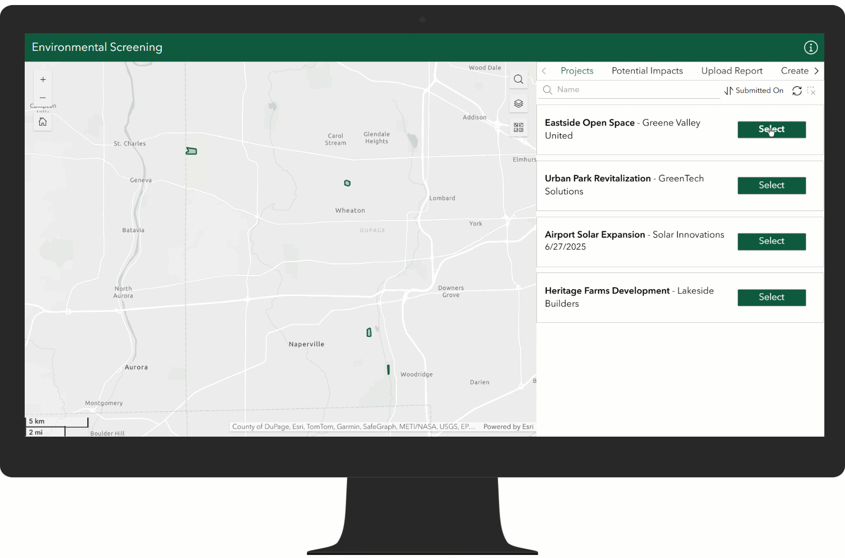 The Environmental Screening app selecting a project and performing analysis.