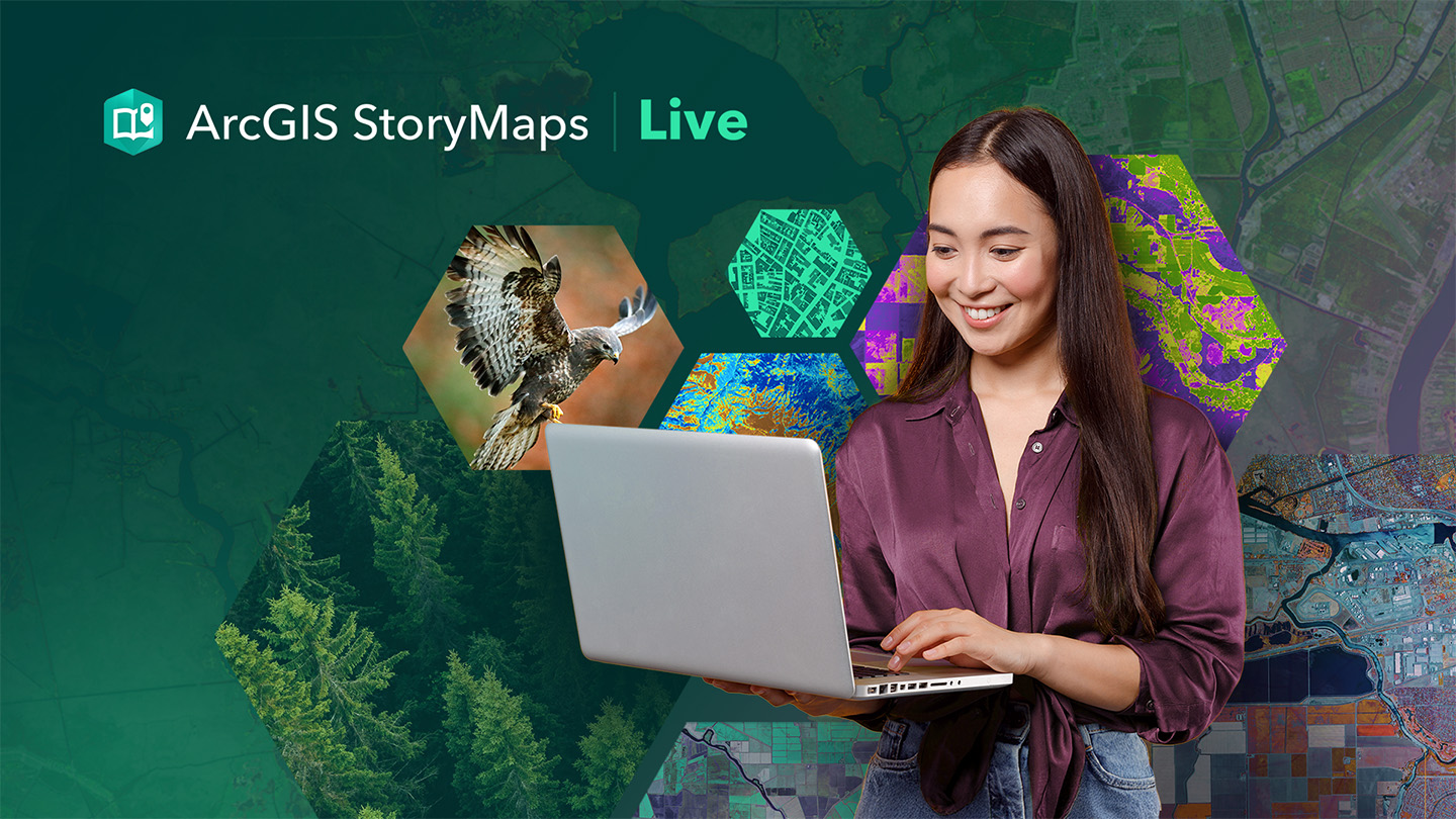 A person typing on a laptop computer next to the phrase ArcGIS StoryMaps Live