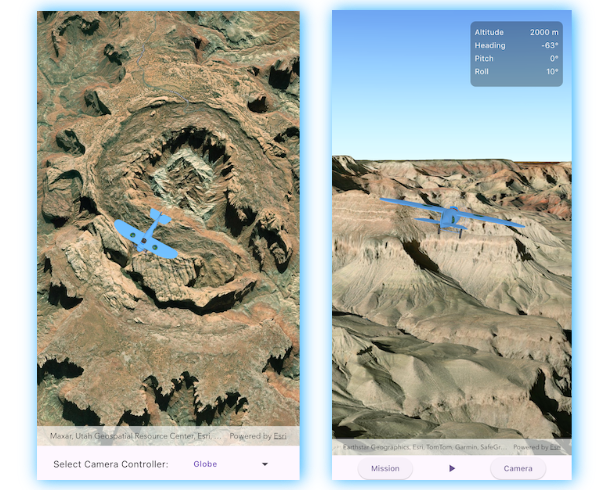 Two samples showing how to use the different cameras in the ArcGIS Maps SDK for Flutter. The samples show a simple propellor plane model over the Grand Canyon.