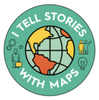 A digital version of the green I Tell Stories With Maps button decorated with a hand drawn globe and people