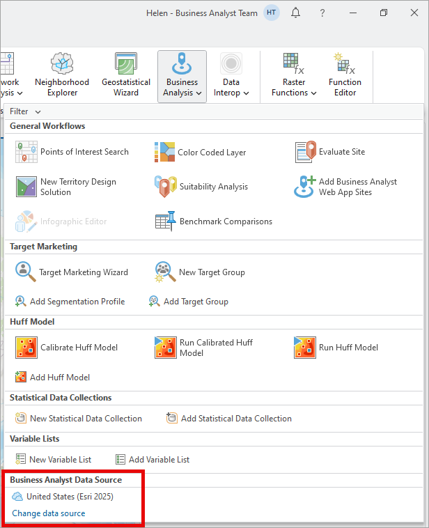 Business Analyst data source in menu