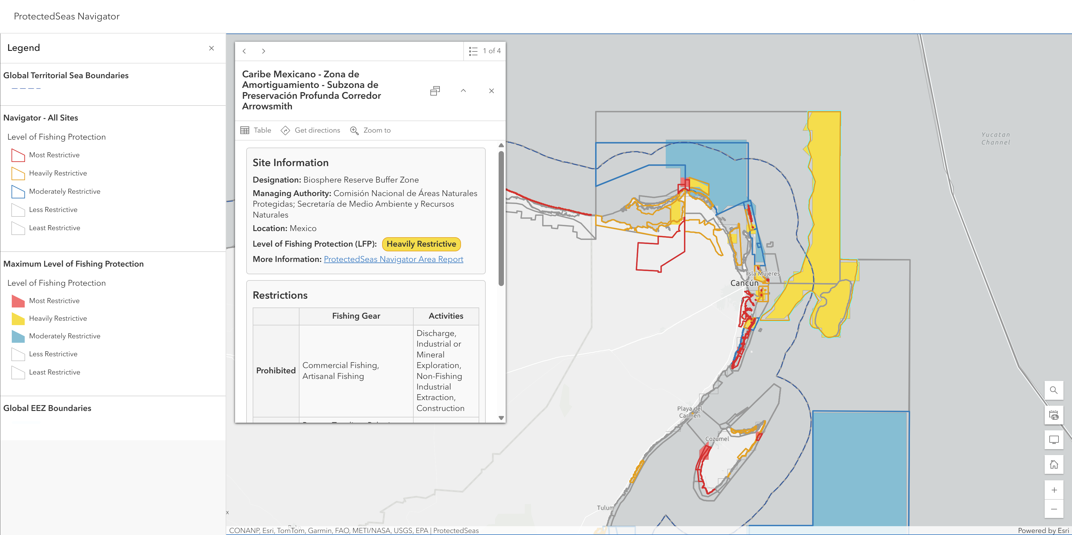 ProtectedSeas map showing the different Marine Protected Areas and the associated levels of fishing protection off the East Coast of Cancun, Mexico.