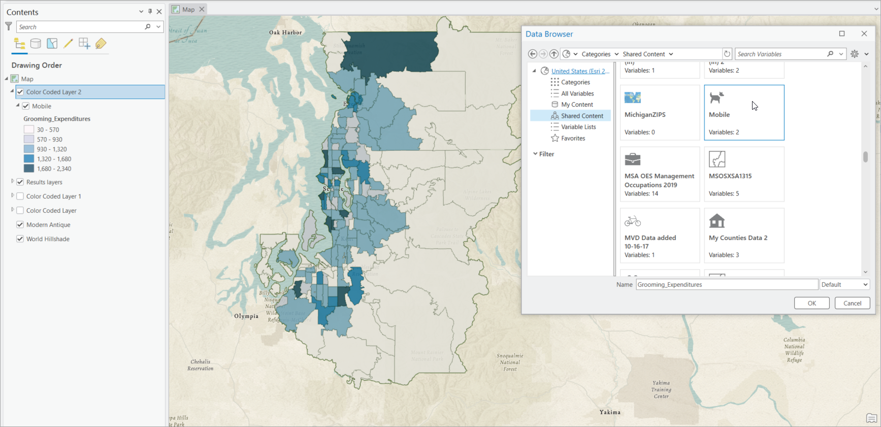 Color-coded layer containing custom data in Business Analyst Pro