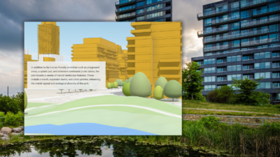 A digital illustration inset next to a photo of the same mid-rise building.