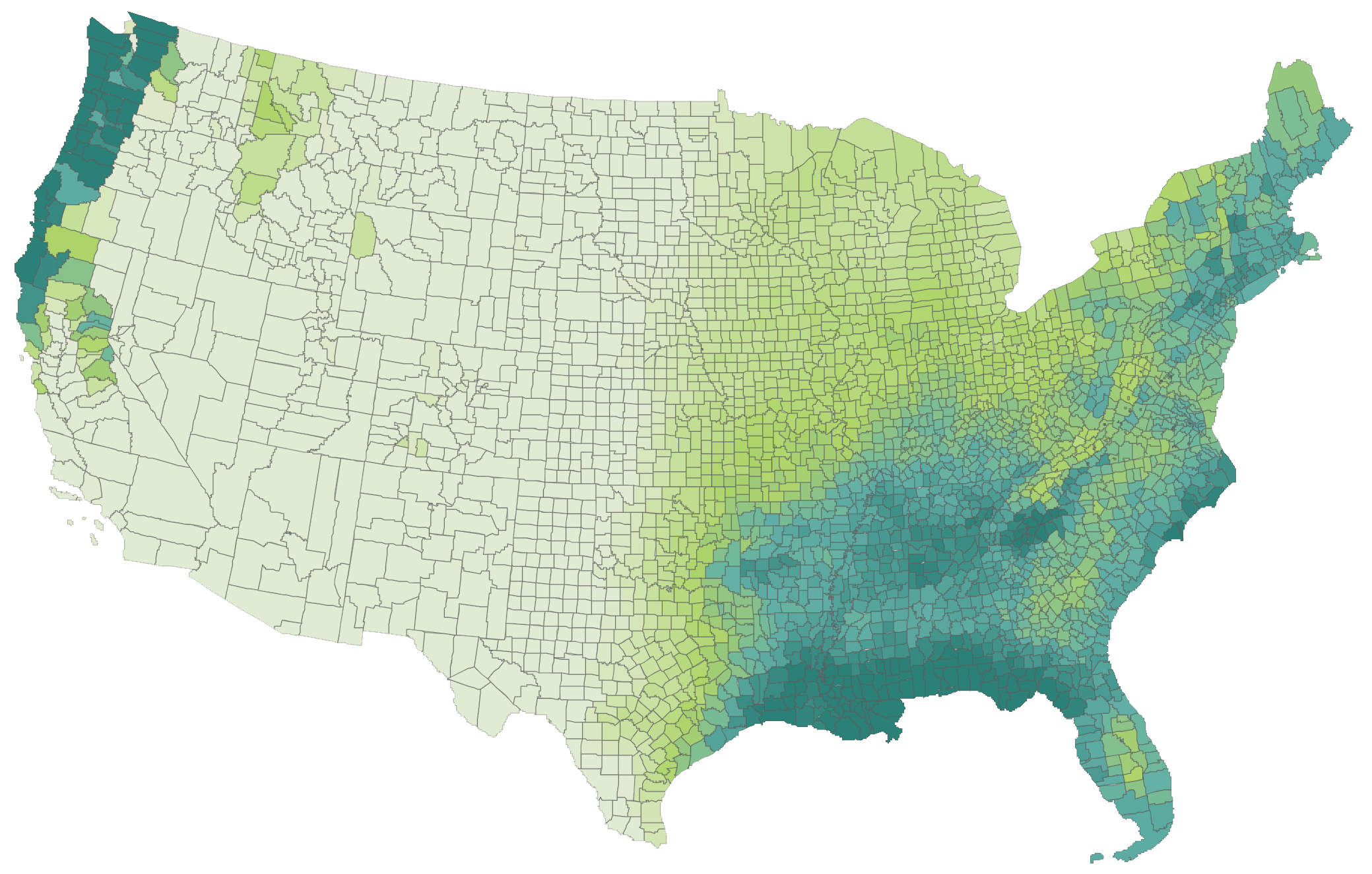 Map of extreme rainfall by county