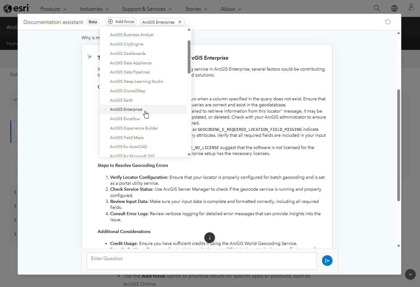 An example of setting the focus area for the ArcGIS documentation assistant