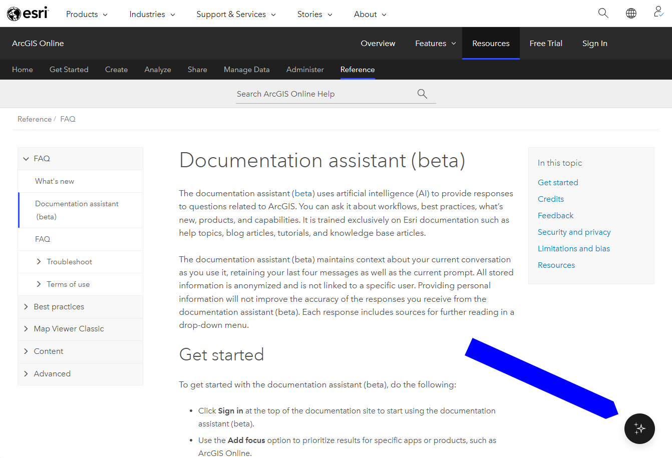 Location of the ArcGIS documentation assistant button