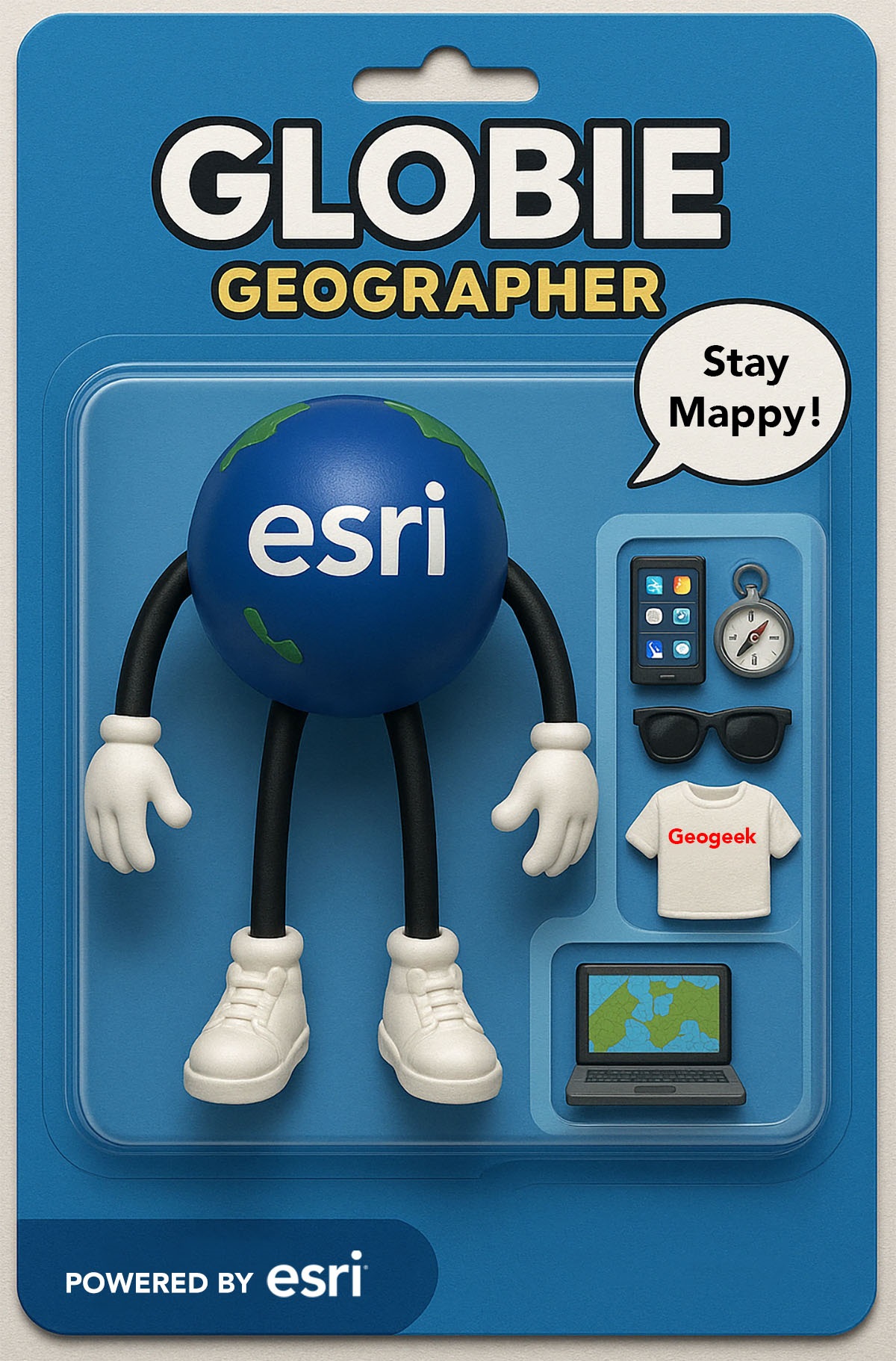 A screenshot of Globie, Geographer, in a toy box with an Esri tshirt, phone, sunglasses, compass, and computer