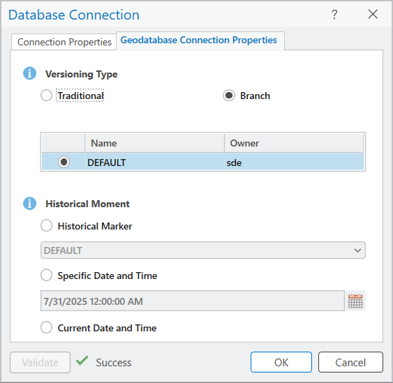Set up the geodatabase connection as branch
