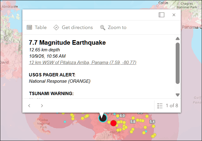 Events by Magnitude layer pop-up
