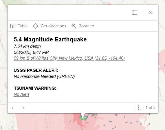 Events by magnitude pop-up