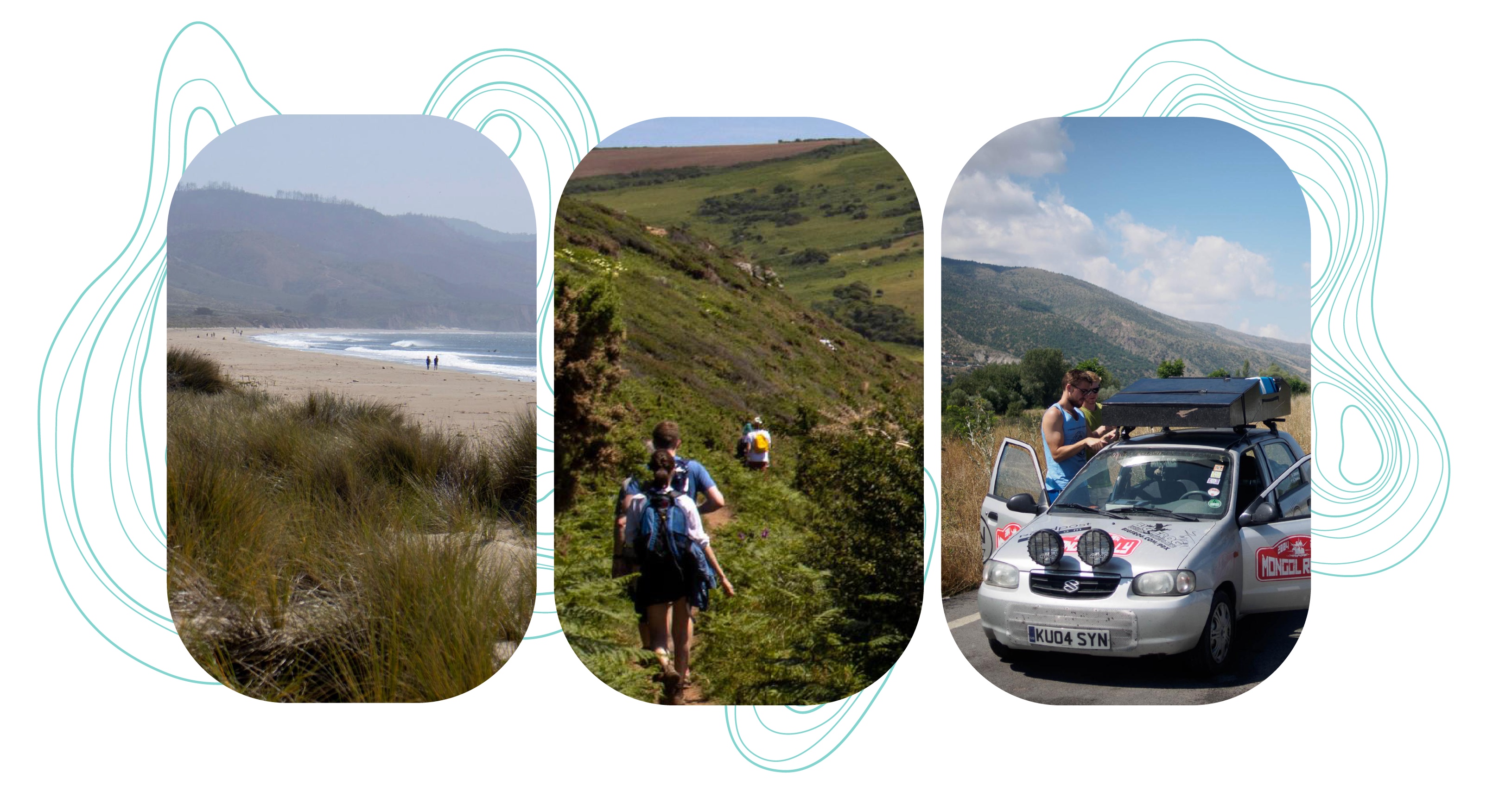 Three rounded rectangular images lined up with a teal topographic lines swirling behind them; first image is a mountainous beach, second image is people hiking on a mountain, third image is a rental car pulled over on the side of a road.