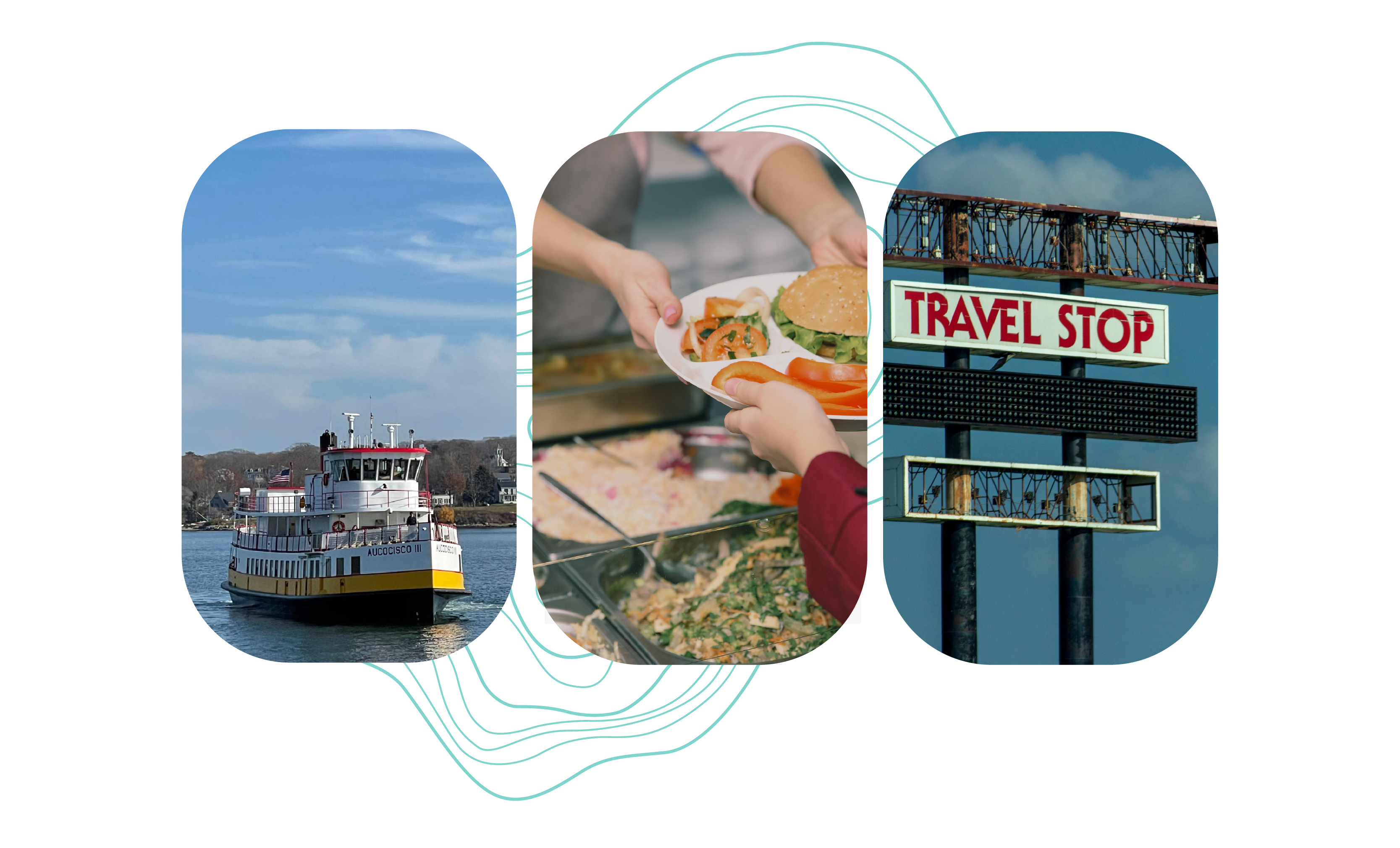 Three rounded rectangular images lined up with a teal topographic lines swirling behind them; first image is a fishing boat, second image is a school lunch worker handing food to a student, third image is a roadside sign that says "travel stop."
