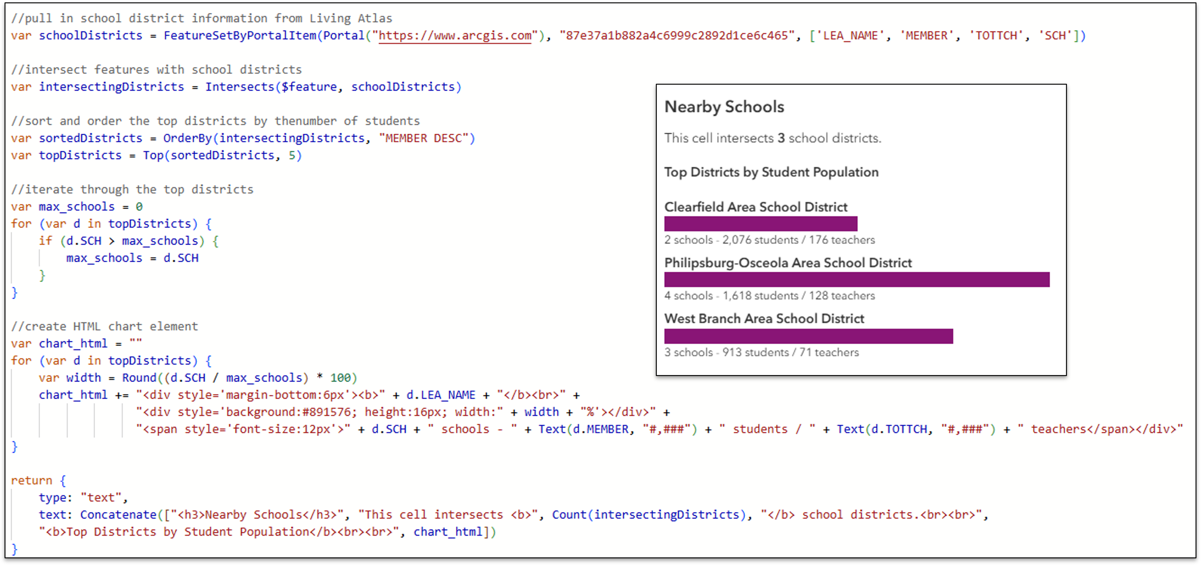 screenshot of arcade expression with school details chart