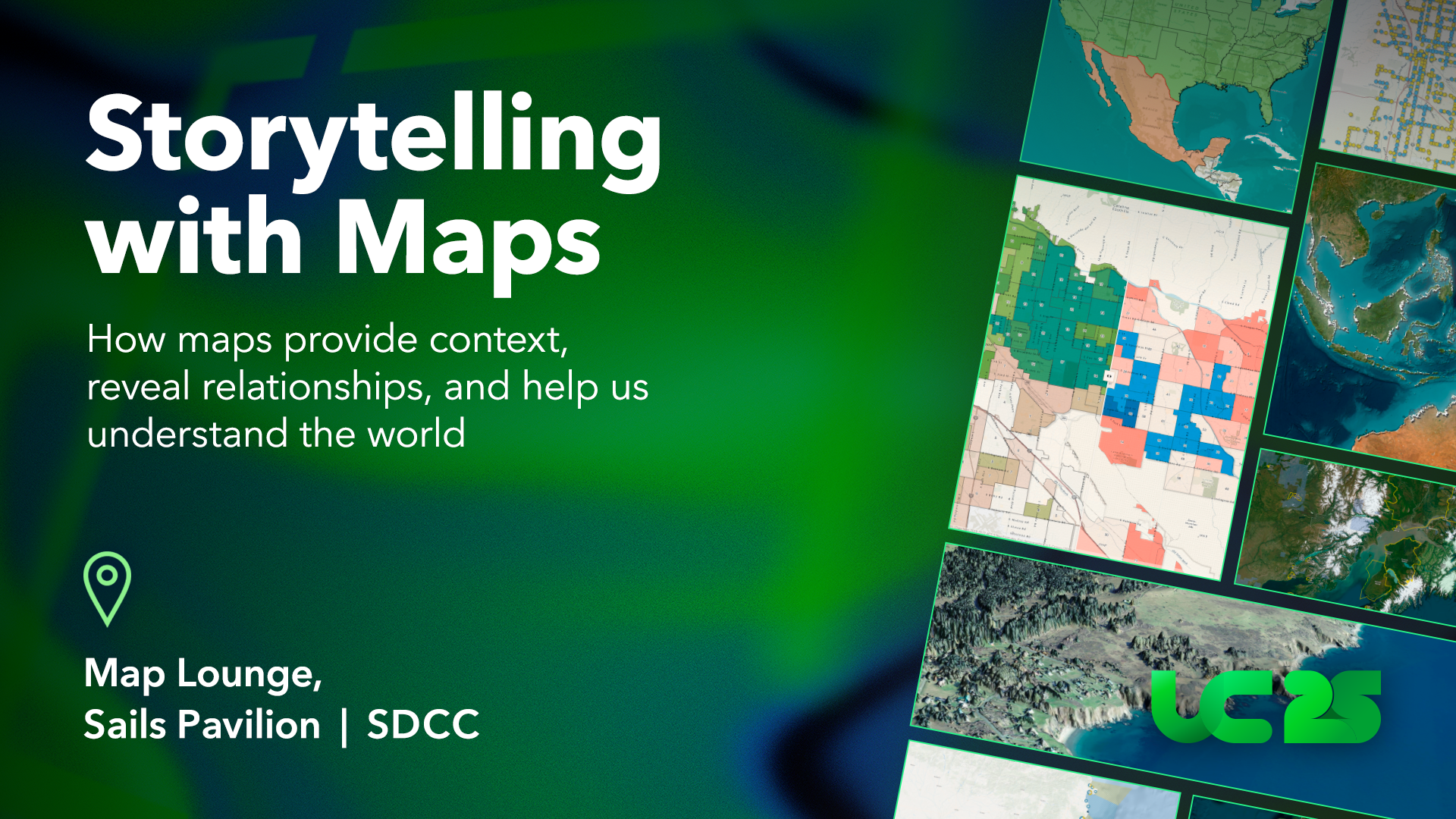 A gradient green rectangle with a filmstrip of maps running across it and the title "Storytelling with Maps"
