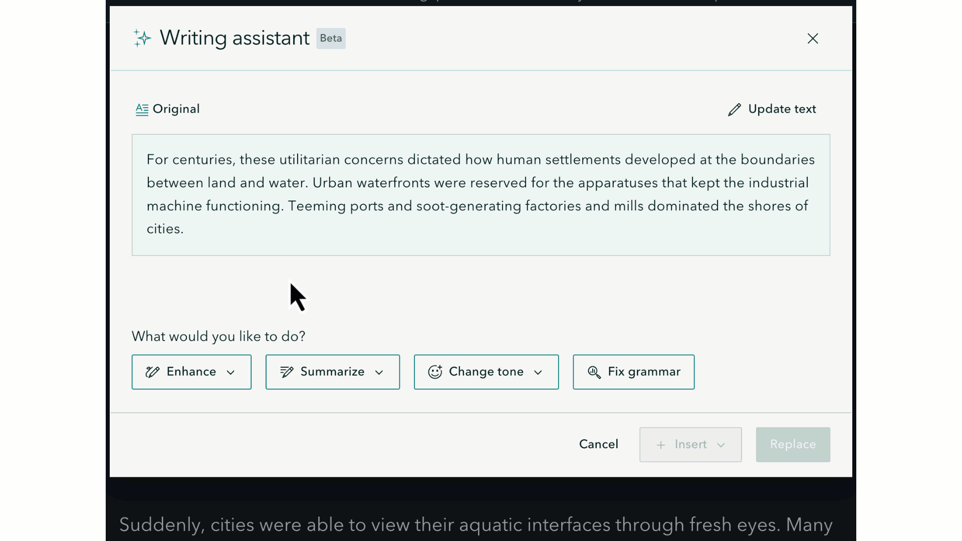 A recording of the writing assistant in ArcGIS StoryMaps in use