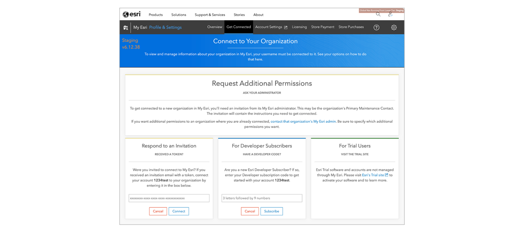 Connect to Your Organization page in My Esri.