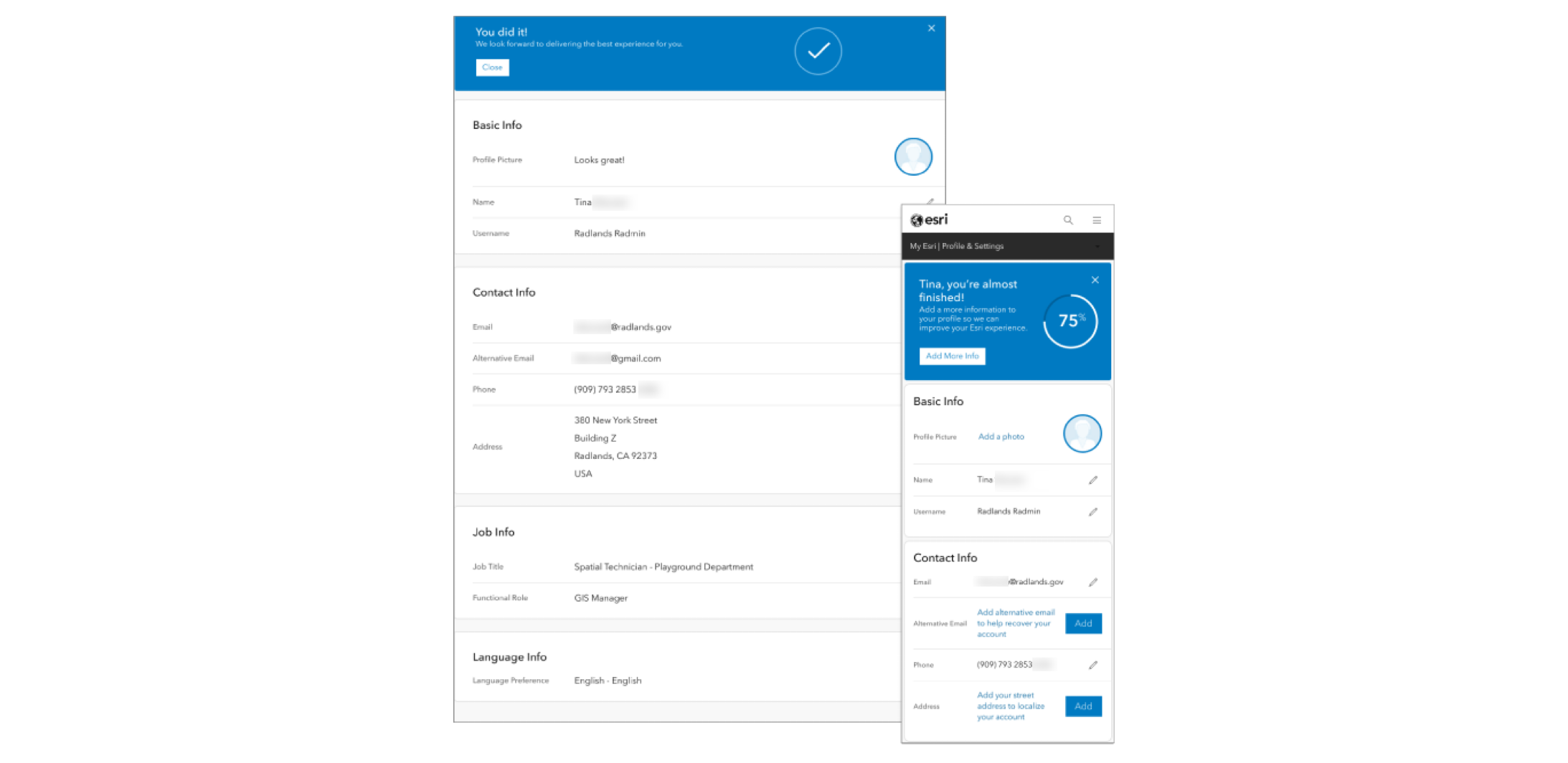 A desktop and mobile view of the new Profile page on My Esri.