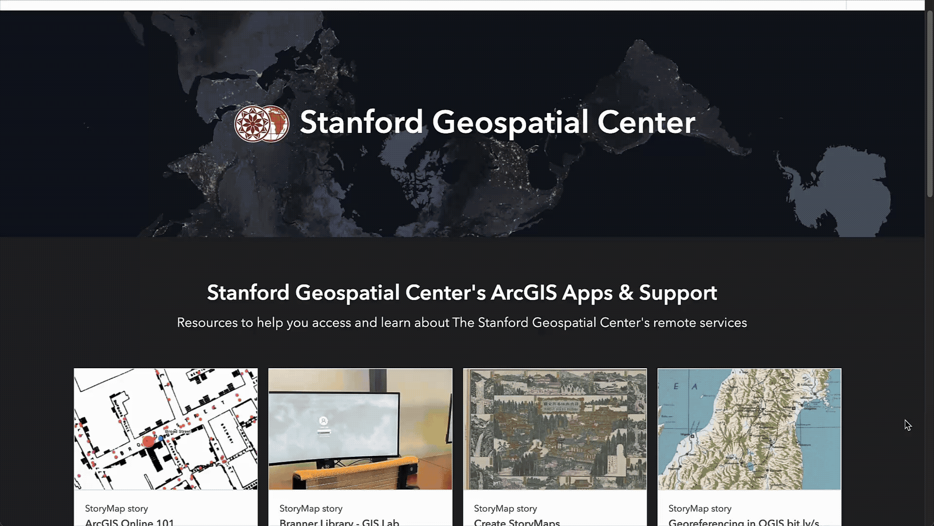 A scrolling screenshot GIF of the Stanford Geospatial Center ArcGIS Hub.