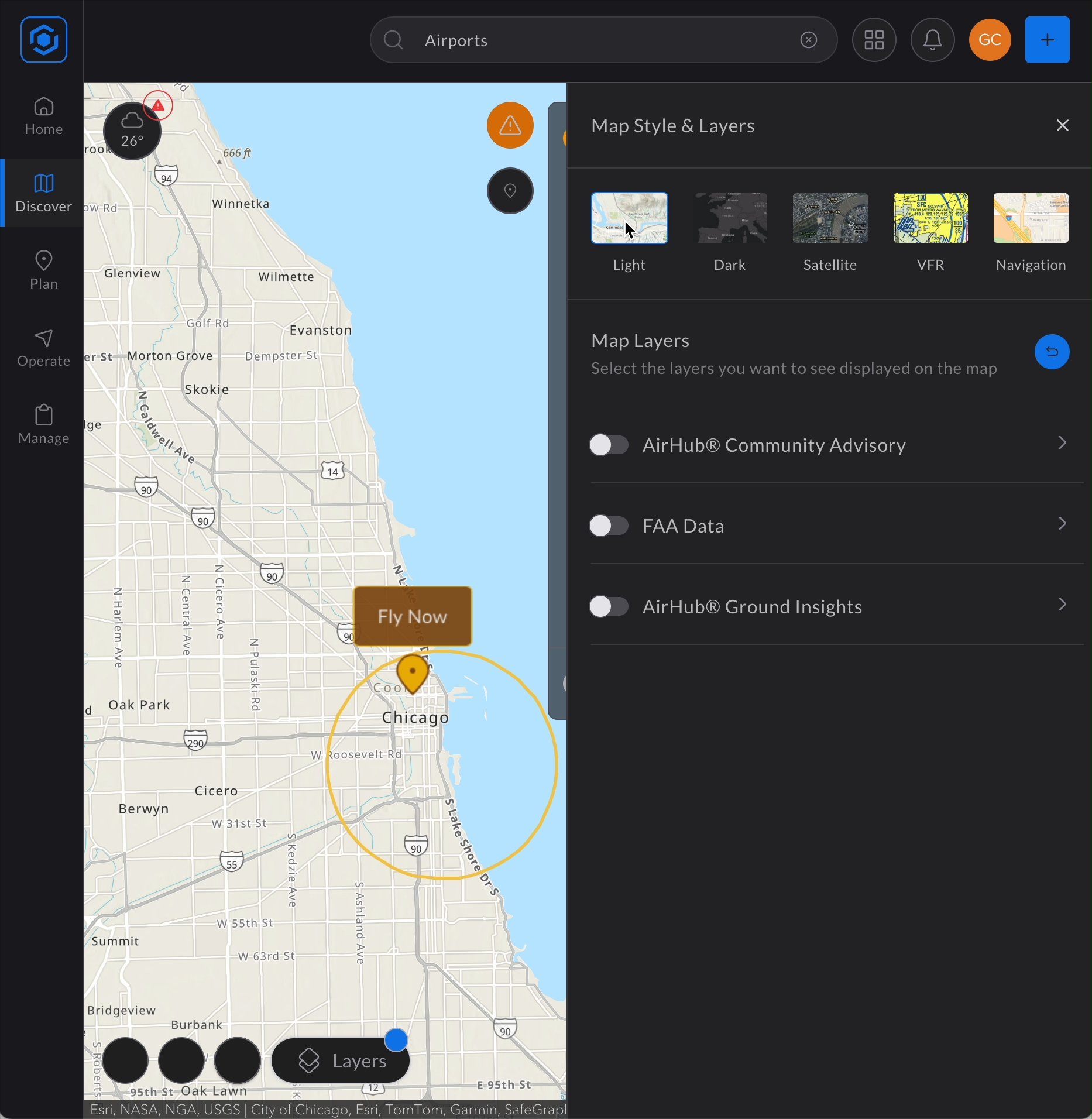 A software interface window displaying a map of Chicago, Illinois, surrounded by menu panes.