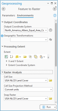 Feature to Raster tool showing Environments inputs.