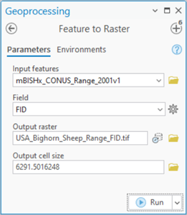 Feature to Raster parameter pane showing inputs.