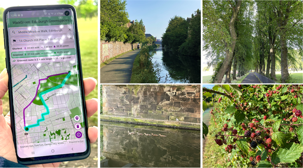 A photograph of a mobile phone in a person's hand displaying a map with routing options, alongside photographs of typical urban greenspace scenes.