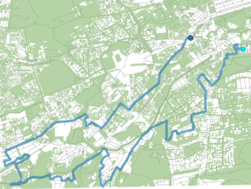 A simplified map of Edinburgh showing a calculated route.