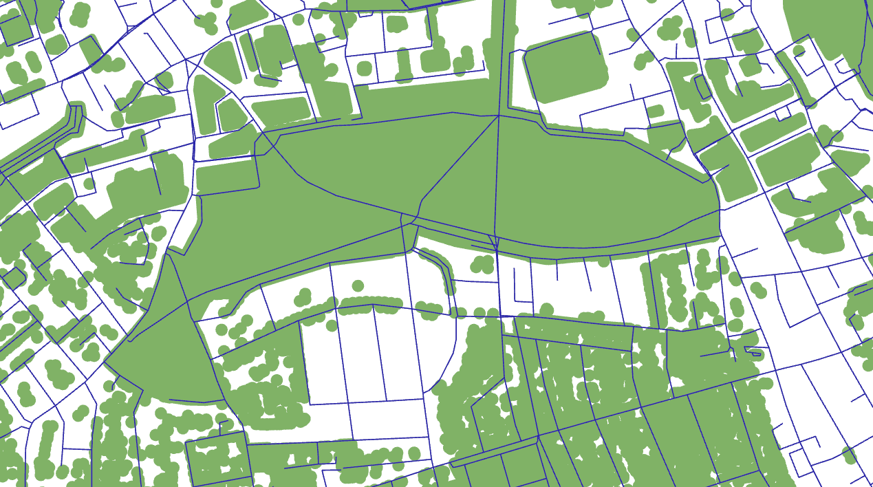 A simplified map of a part of Edinburgh, showing green spaces and route networks.
