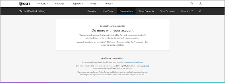 Updated Connect to account page in My Esri