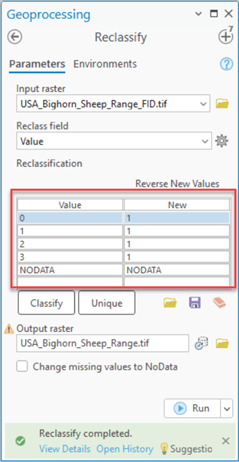 Reclassify tool showing input parameters.