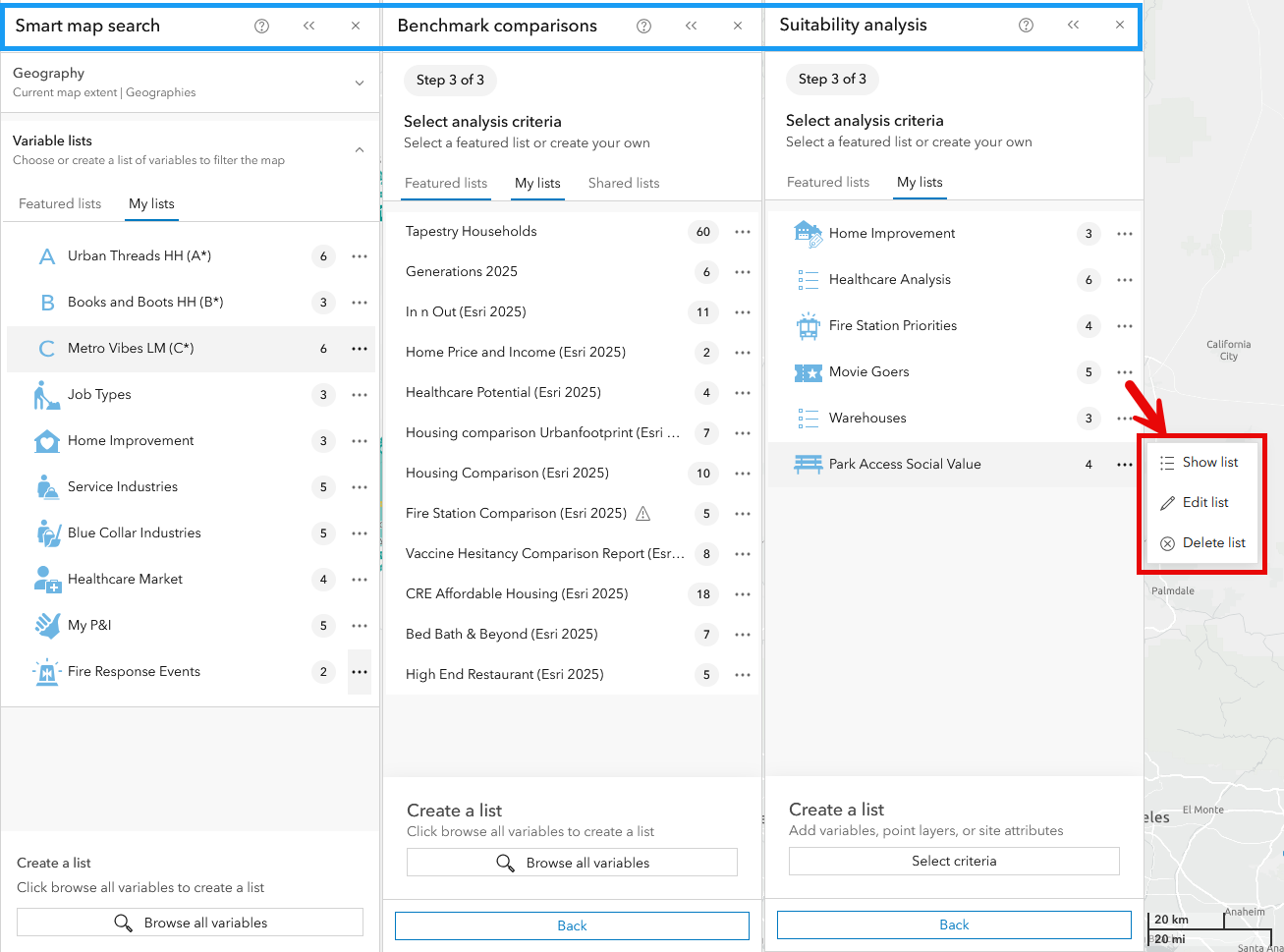 The different types of saved lists and how they appear in each workflow.