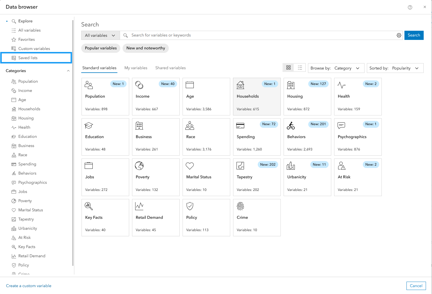 Saved lists are available from the explore subpanel in the data browser.