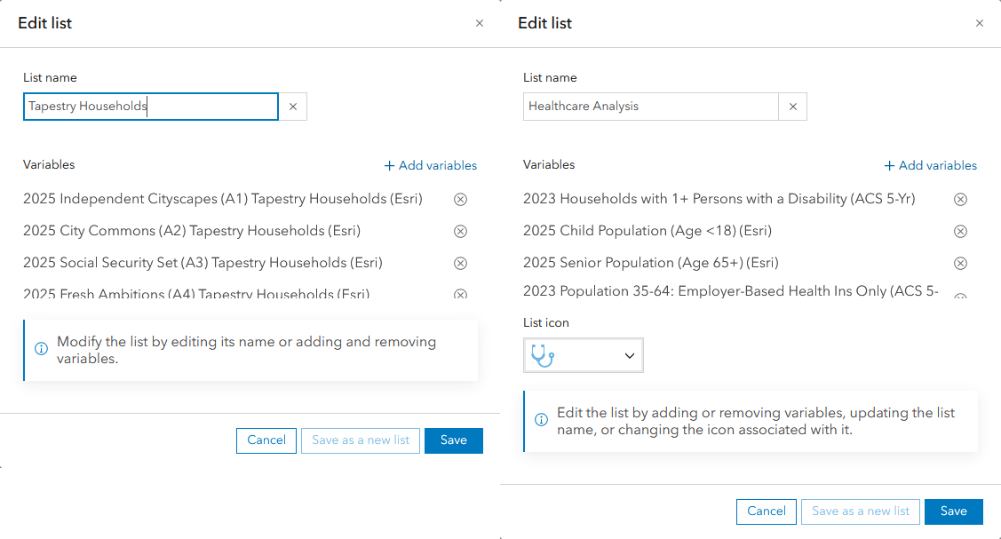 You can edit the title, order and variables in a saved list.