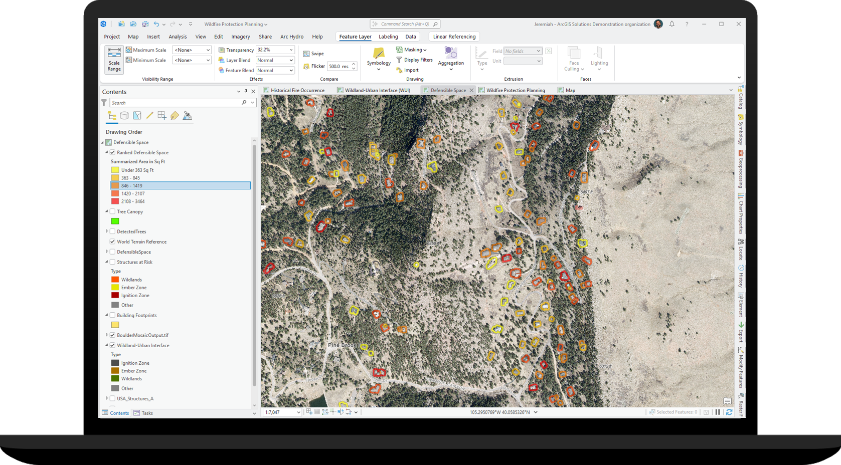 An ArcGIS Pro project interface shows a map with aerial imagery